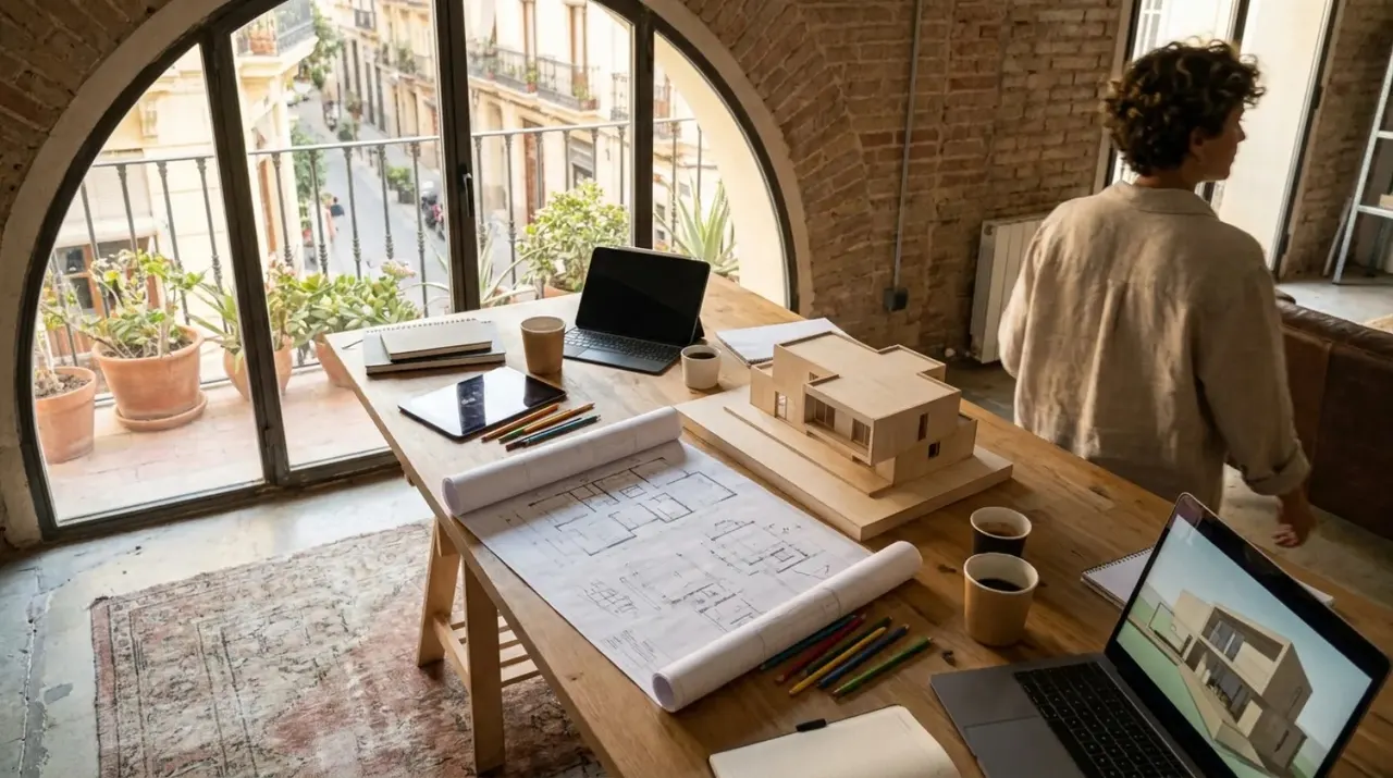 Mesa del estudio con la maqueta, los planos y el modelo 3D en pantalla